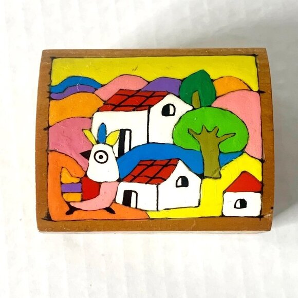 Mexican Guerrero Carved Wooden Trinket Box With Leather Hinges - Picture 12 of 12